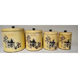 VINTAGE Metal YELLOW CANISTER Tins With Lids Pantry Kitchen Storage Set Of 4